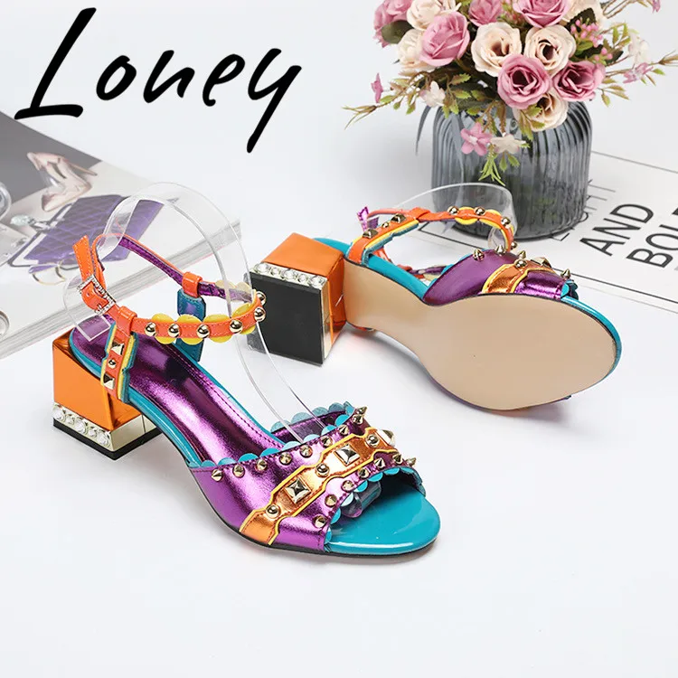 

Loney New Printed Leather Spikle Studded Summer Sandals Open Toe Crystal Heel HIgh Heel Sandals Shoes Women