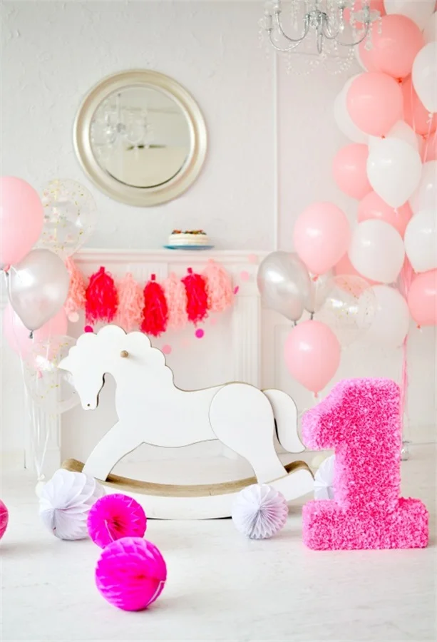 

Laeacco Cute Pink Balloons Horse 1 Year Old Birthday Baby Photography Backdrops Vinyl Custom Photo Backgrounds For Photo Studio