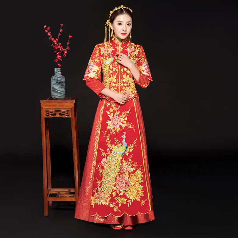 Свадебное вечернее платье Cheongsam в китайском стиле, винтажное женское платье с вышивкой, Длинные вечерние платья Qipao, одежда, Размеры S-XXL - Цвет: red