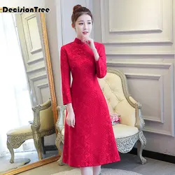 Новинка 2019 года китайское традиционное платье с длинным рукавом красные, черные традиционный ченсам китайское платья для женщин секс