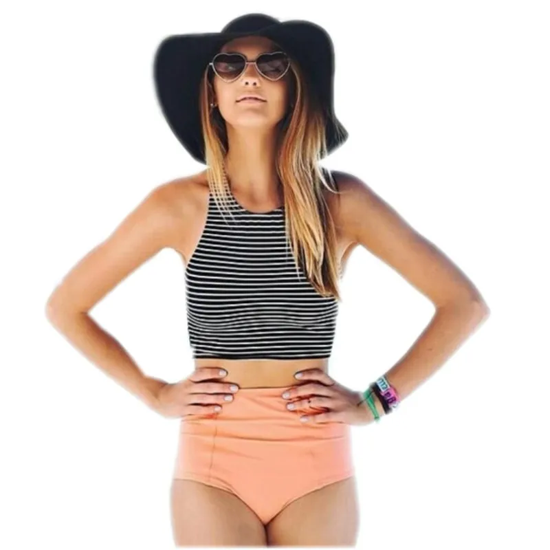 

Women Bikini Set Sport Tank Striped Top + High Waisted Pink/Orange Bottom Summer High Waist Swimwear Swimsuits S-XL 2019