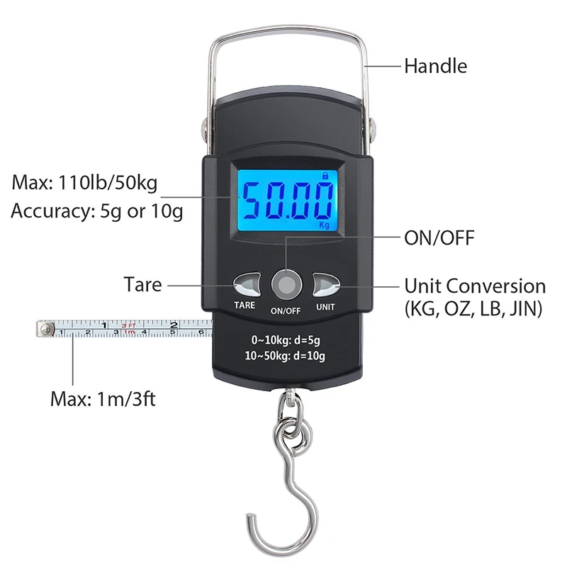 

110lb/50kg Electronic Balance Digital Fishing Postal Hanging Hook Scale with Measuring Tape Backlit LCD Display Digital Scale