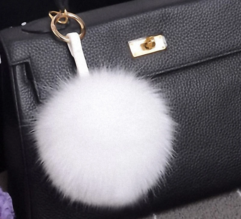 

13-15cm Luxury Fluffy Real Fox Fur Ball Pom Pom Plush Size Genuine Fur Key Chain Metal Ring Pendant Bag Charm K010-white