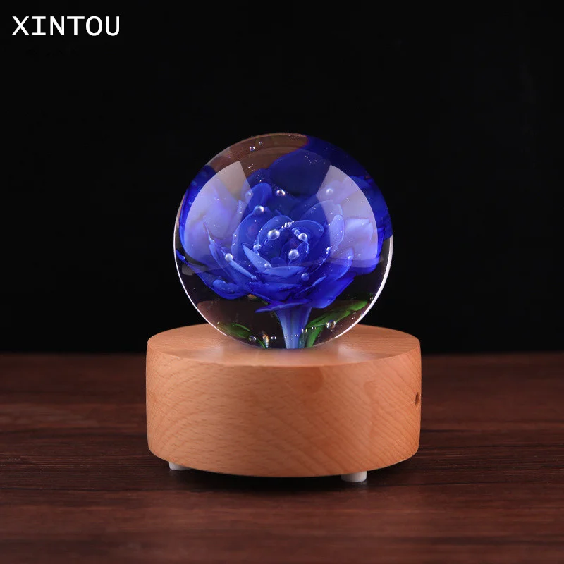 XINTOU 80mm Crystal Glass Ball Rose Artificial Flower Globe Wooden Bluetooth Music Box Base Wedding Decoration Accessories Gifts | Дом и сад