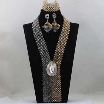 

Gorgeous Grey Mix Champagne Jewelry African Beads Jewelry Set Gold Wedding Bib Statement Necklace Set Fashion Jewelry Set HX973