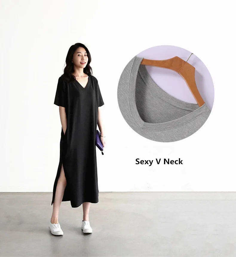 LZJN Women Summer Dress Loose Soft Modal Casual Midi Dress Solid Black 5 Colors Base Shirt Dress Plus Size Vestido verano (7)