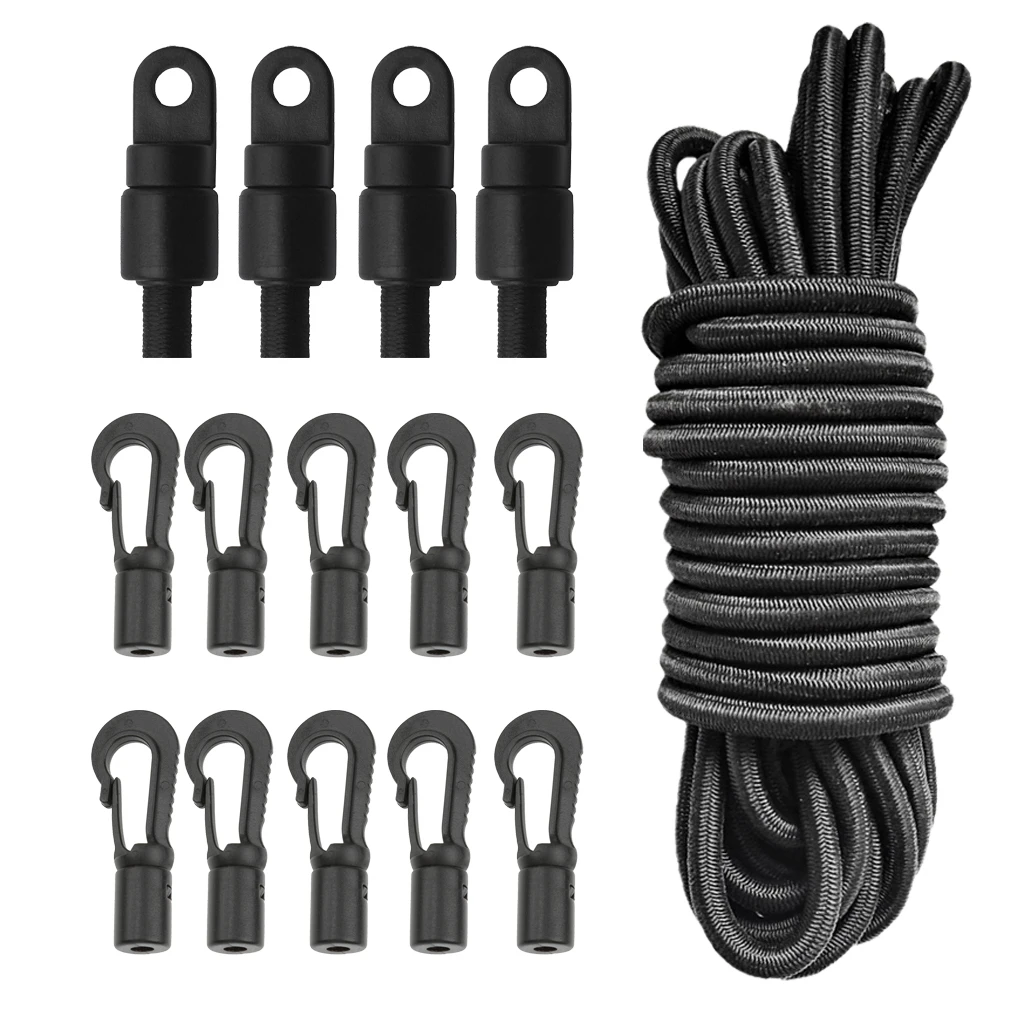 Marine 2 Pairs Shock Cord End Stop+ 6mm 5m Bungee Rope+ 10 Pieces Bungee Cord Hook for Kayak Canoe Fishing Boat Rigging Diving