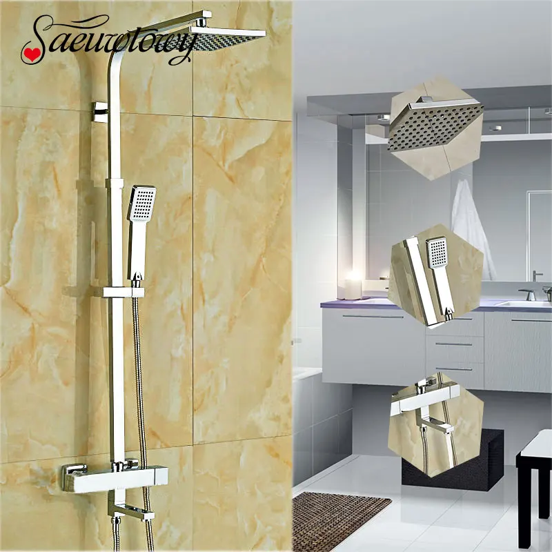 

Saeuwtowy Chrome Thermostatic Shower Set Hot&cold Switch 8'' Square Shower Head Wall Mounted Bathroom Shower System Mixer