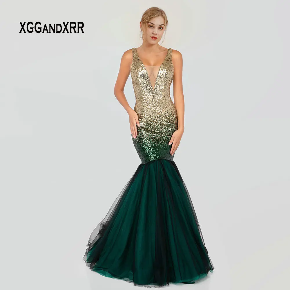 

Elegant Sequin Mermaid Prom Dress 2019 Sexy V Neck Long Evening Dress Gradient Green Formal Party Gown Girls Graduation Dress