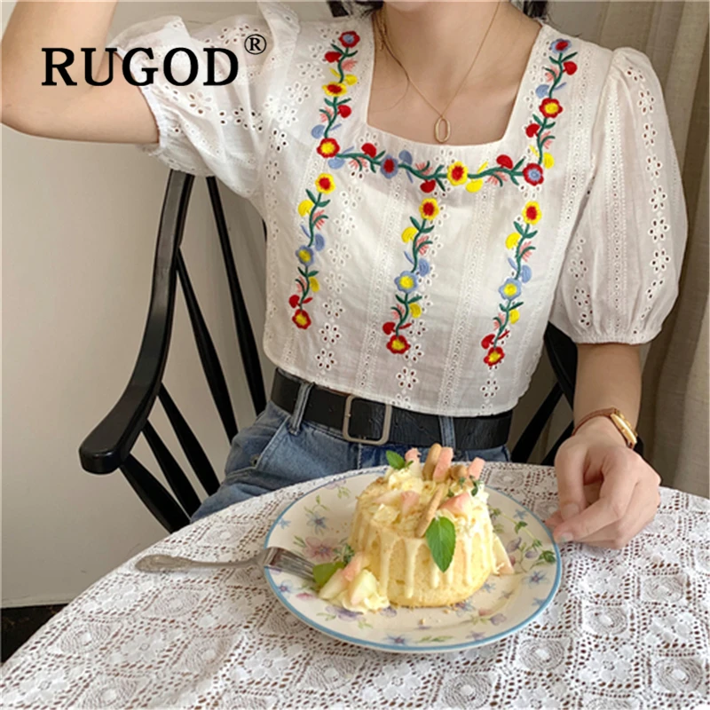 

RUGOD Vitnage embroidery printed women blouse Fashion hollow out ladies shirts Elegant puff sleeve female summer tops and blouse