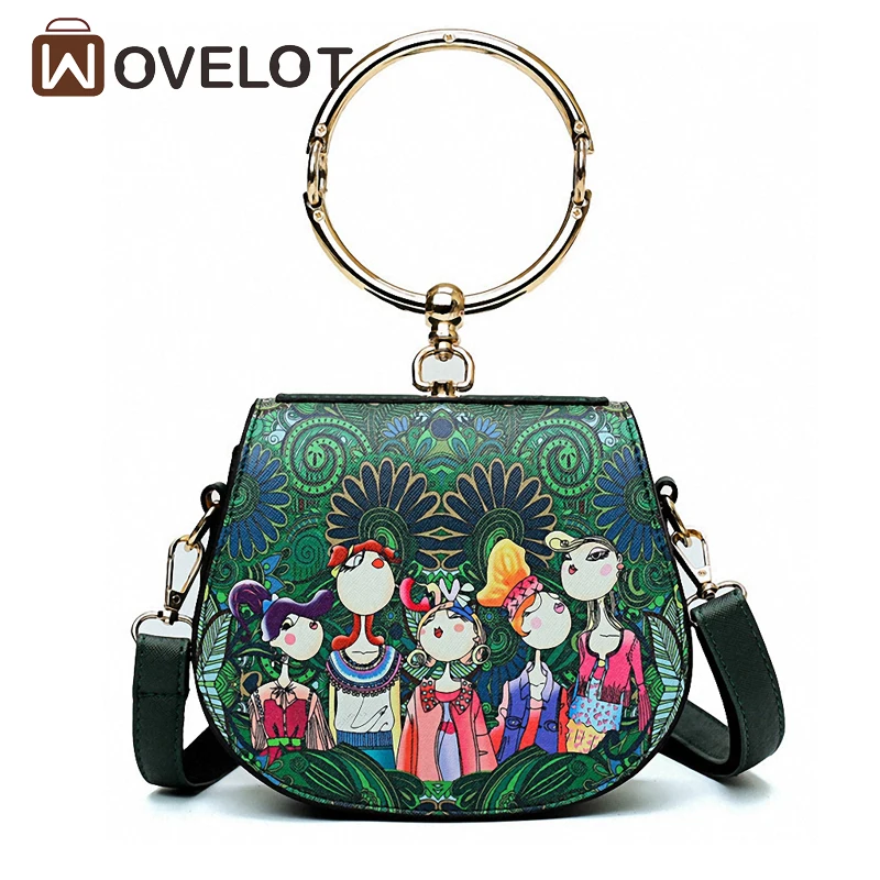 

Woman PU Leather Handbag Green Forest Printing Bag Fashion Trend Cute Shoulder Bags Mini Round Girls tote bag