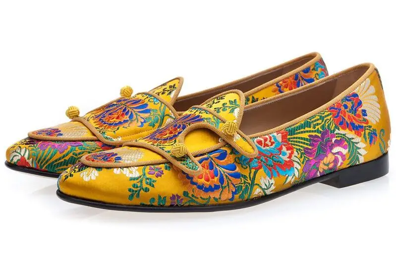 Sexy Men Wedding Shoes Satin Floral Embroidered Loafers Double-Monk Flats Jacquard Silk Shoes Slip On slippers Party Men