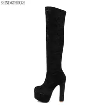 Г. Новые женские сапоги на высоком толстом каблуке 13 см флоковые сапоги до колена на платформе Демисезонные женские вечерние туфли черные, красные, синие, зеленые