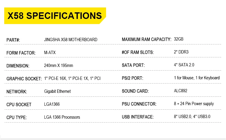 Jingsha X58 Материнская плата DDR3 LGA 1366 M-ATX для настольного компьютера Поддержка AMD RX серии с USB 3,0