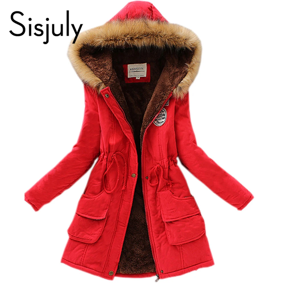 

Sisjuly Women Long Coat Winter Warm Fur Collar Hooded Jacket Cotton Blends Slim Lace Up Zipper Parka Outwear Coats For Girl 2019