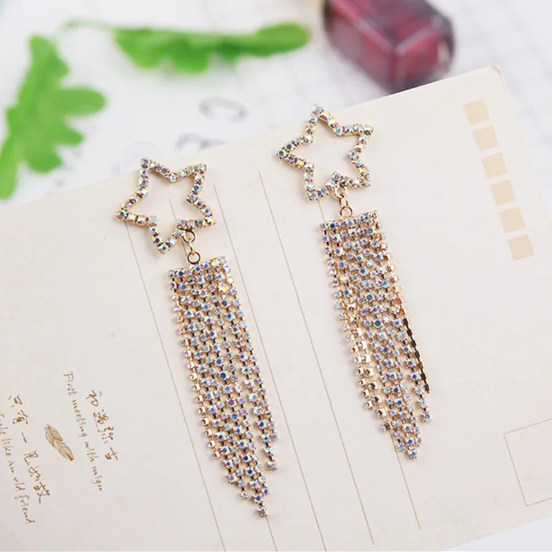 

New Luxury Colorful Rhinestone Hollow Star Tassel Long Drop Dangle Earrings for Women Charm Silver Needle Jewelry Party 6C5001