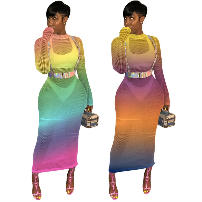 

Rainbow Gradient Color Plus Size Dress Women Mesh Spliced Hollow Out Bodycon Party Dress Summer Long Sleeve Perspective Dresses