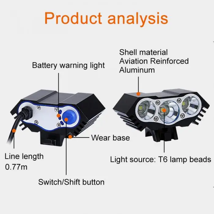 Perfect Ship From Russia Bicycle Waterproof LED Flashlight Bicycle Accessories Headlight Bulbs Strong Light Rechargeable ASD88 12