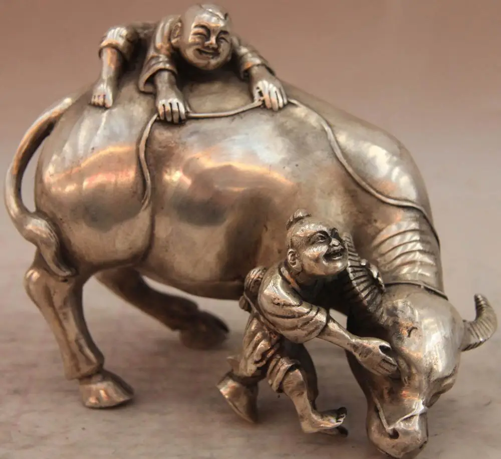 

China White Copper Silver Vaquero shepherd boy Buffalo Cow bull Cattle OX Statue SD 506