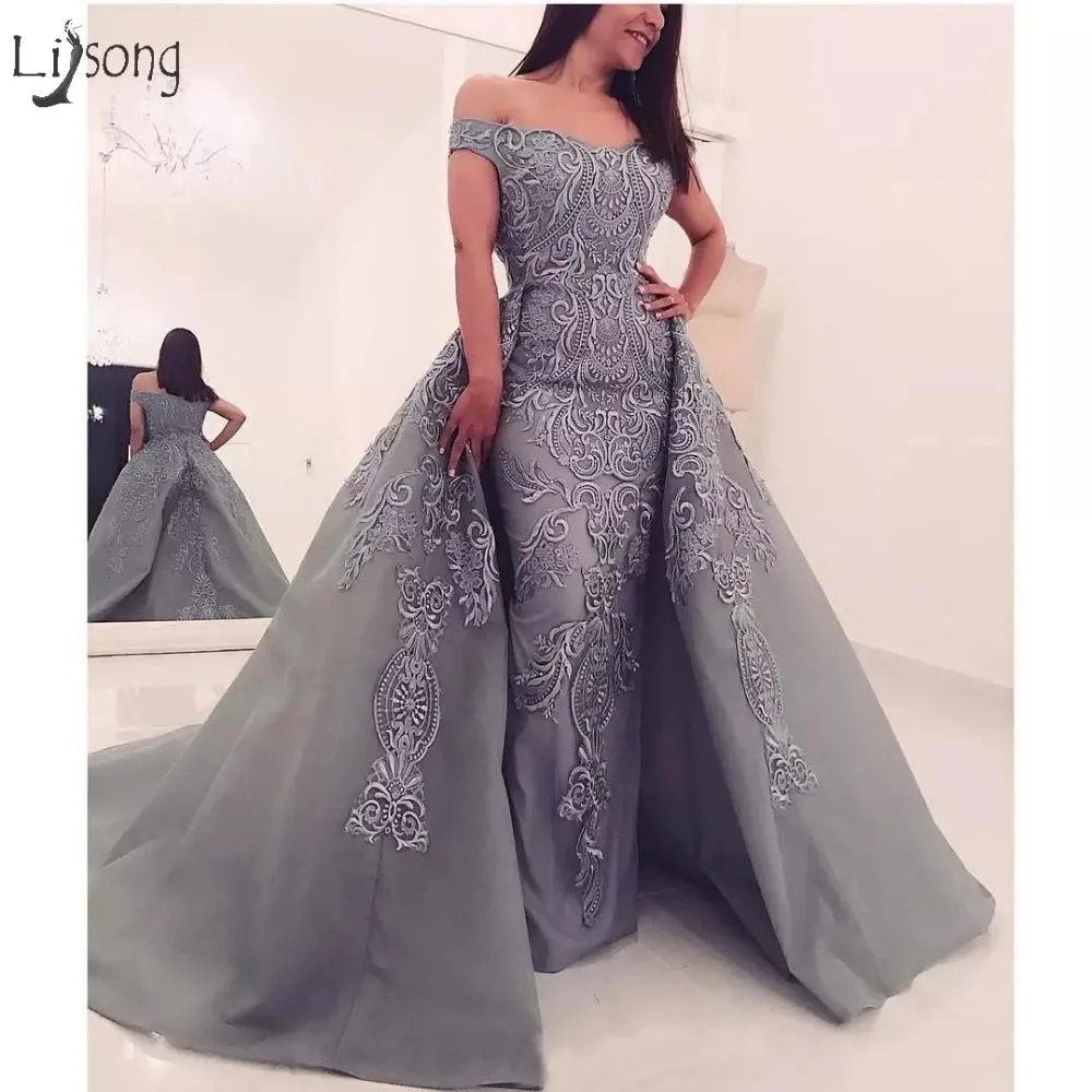 

Modest Gray Embroidery 2 Pieces Evening Dresses With Detachable Train Straight Long Abiye Evening Gowns 2018 Robe De Soiree