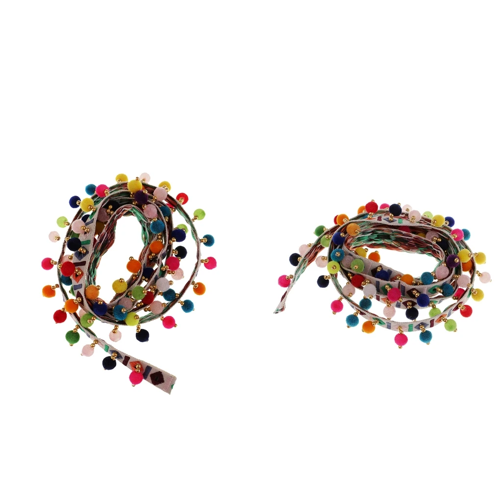 2Pcs Ethnic Fringed Tassel Lace Jacquard Ribbon With Pompom Ball Trim 1 Yard