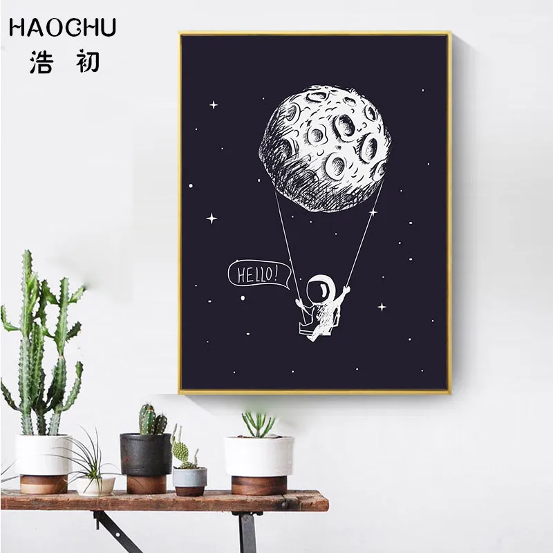 HAOCHU пространство сцена Moon украшения картина на черном холсте ракета Wall Art плакат