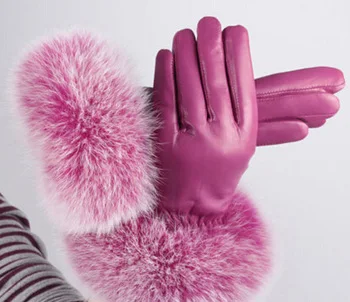 Женская новая партия Показать на осень-зиму прибыл высокого качества модные мягкие кожаные теплые толстые натуральным лисьим мехом Корея перчатки варежки - Цвет: Rose Red