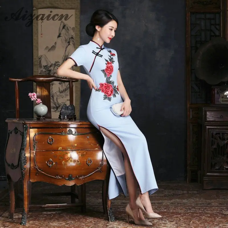 Шелк Длинные Cheongsam Qipao для женщин Формальные Vestidos Красный пикантные китайское традиционное платье костюмы плюс размеры восточные платья