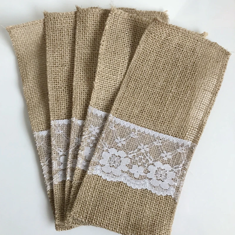 

10pcs/lot 21x10cm Natural Jute Cutlery Knives and Forks Cutlery Set Silverware Bag Holder Burlap & Lace Party Wedding Decor