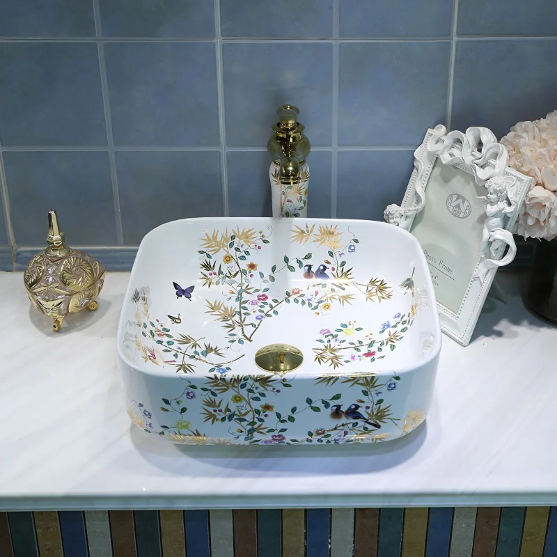 Китай цветы и птицы керамическая живопись искусство Lavabo Ванная комната сосуд раковины столешница керамическая раковина ванная раковина