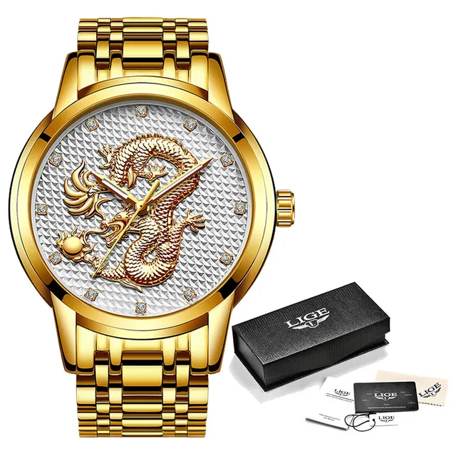2021 LIGE New Golden Mens Watches Top Brand Luxury Chinese Dragon Watch Business Full Steel Quartz Clock Male Relogio Masculino Full gold white S