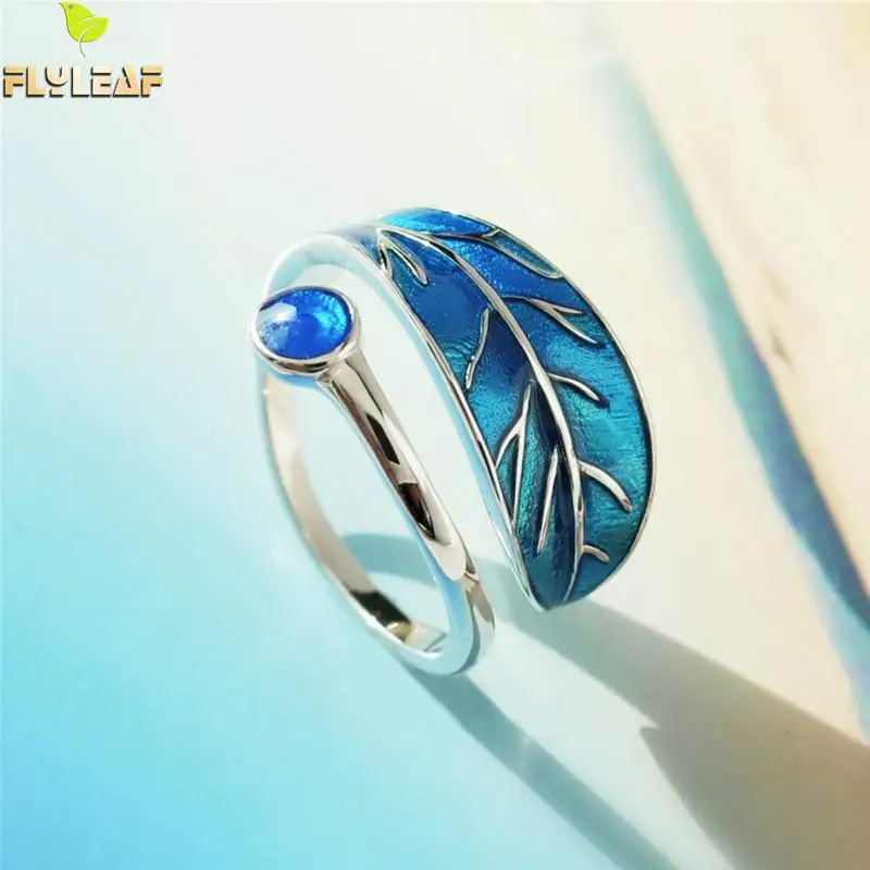 

Flyleaf 100% 925 Sterling Silver Blue Drop Glaze Tree Leaves Open Rings For Women Simple Fashion Party Jewelry
