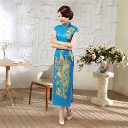 Высокое качество ручной работы Вышивка китайский Для женщин Cheongsam благородные элегантные длинные атласные Qipao Павлин платье Размеры