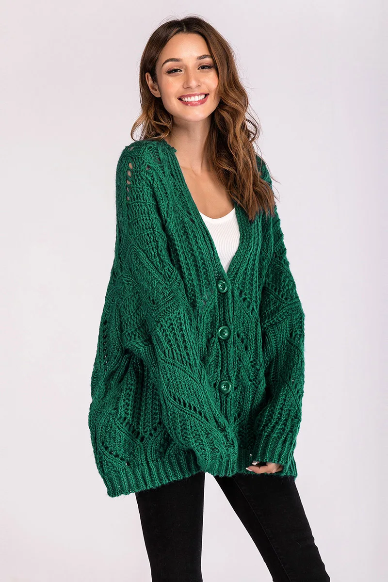 Зеленый большой кардиган свитера женские осень зима v-образный вырез свободная шаль с длинным рукавом Верхняя одежда Повседневный вязаный женский свитер