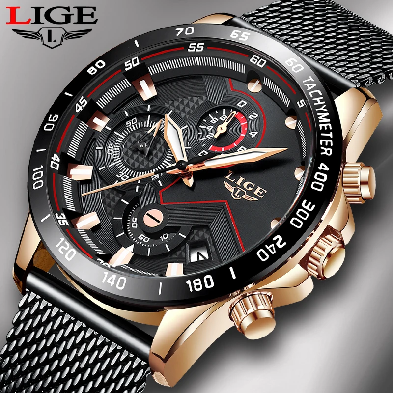 

2019 New LIGE Black Casual Mesh Belt Fashion Quartz Gold Watch Mens Watches Top Brand Luxury Waterproof Clock Relogio Masculino