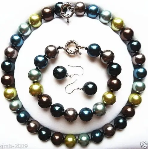 

Women Gift word Love women Fashion Jewelry 14mm Genuine Multicolor Akoya Sea Shell Pearl Necklace Bracelet Earring Set