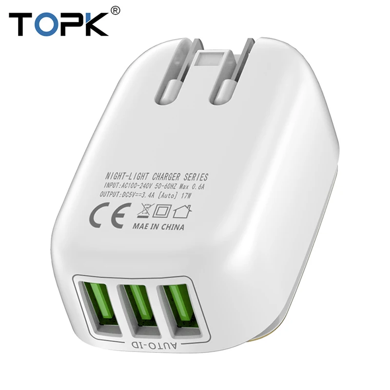 TOPK 3U 5 V/3.4A 17W ЕС 2-в-1 дорожное Сетевое зарядное устройство USB для мобильных устройств для iPhone X samsung S9 Xiaomi Mi 8 huawei мобильного телефона Зарядное устройство