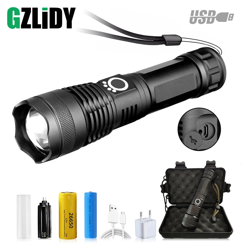 

Powerful LED Flashlight XHP50 Lamp bead Support zoom 5 lighting modes Torch By 18650 or 26650 battery For outdoor activities