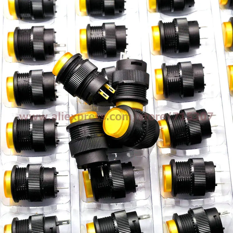 

PHISCALE 20pcs yellow push button switch R16-503B 16mm round shape non locking 250v 3A 2pins