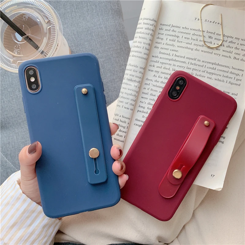 Simple Matte Candy Wrist Strap Hand Band silicone case for iPhone 6 6s 7 8 Plus X Xr Xs Max Back Phone Stand Ring Protect Cover