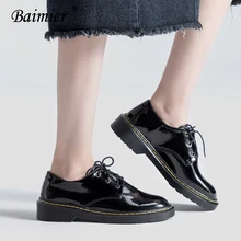 Baimier/черные туфли-оксфорды из лакированной кожи для женщин; британский стиль; женские туфли на плоской подошве со шнуровкой; повседневные неглубокие мокасины; женская обувь на плоской подошве