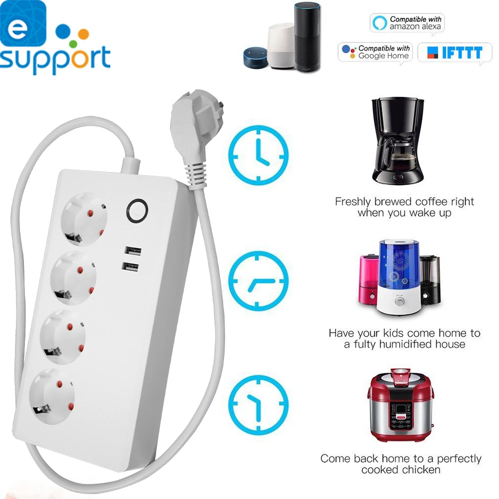 

Timethinker Ewelink Wifi Power Strip EU Plug Socket Voice Control 2-USB Ports work with Alexa Google Home Smart Timer Control