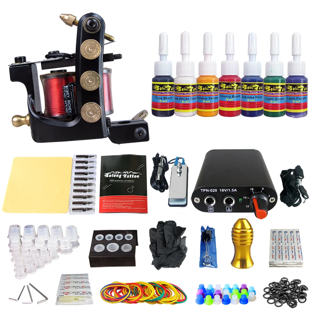 

Solong Tattoo Complete Beginner Tattoo Kit 1 machine Gun 7 Color Inks Power Supply Grips Foot Petal Needles Set TK105-52