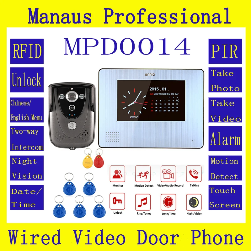 7\Color Touch Screen Video Door Phone with PIR Record intercom System RFID Keyfob IR Camera max to support 32G SD card D14a