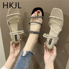 HKJL 2019 Europe and the United States new women's slippers summer fashion wear rhinestone square head with heel slippers A713 цена HKJL 2019 Europe and the United States new women's slippers summer fashion wear rhinestone square head with heel slippers A713 цены онлайн