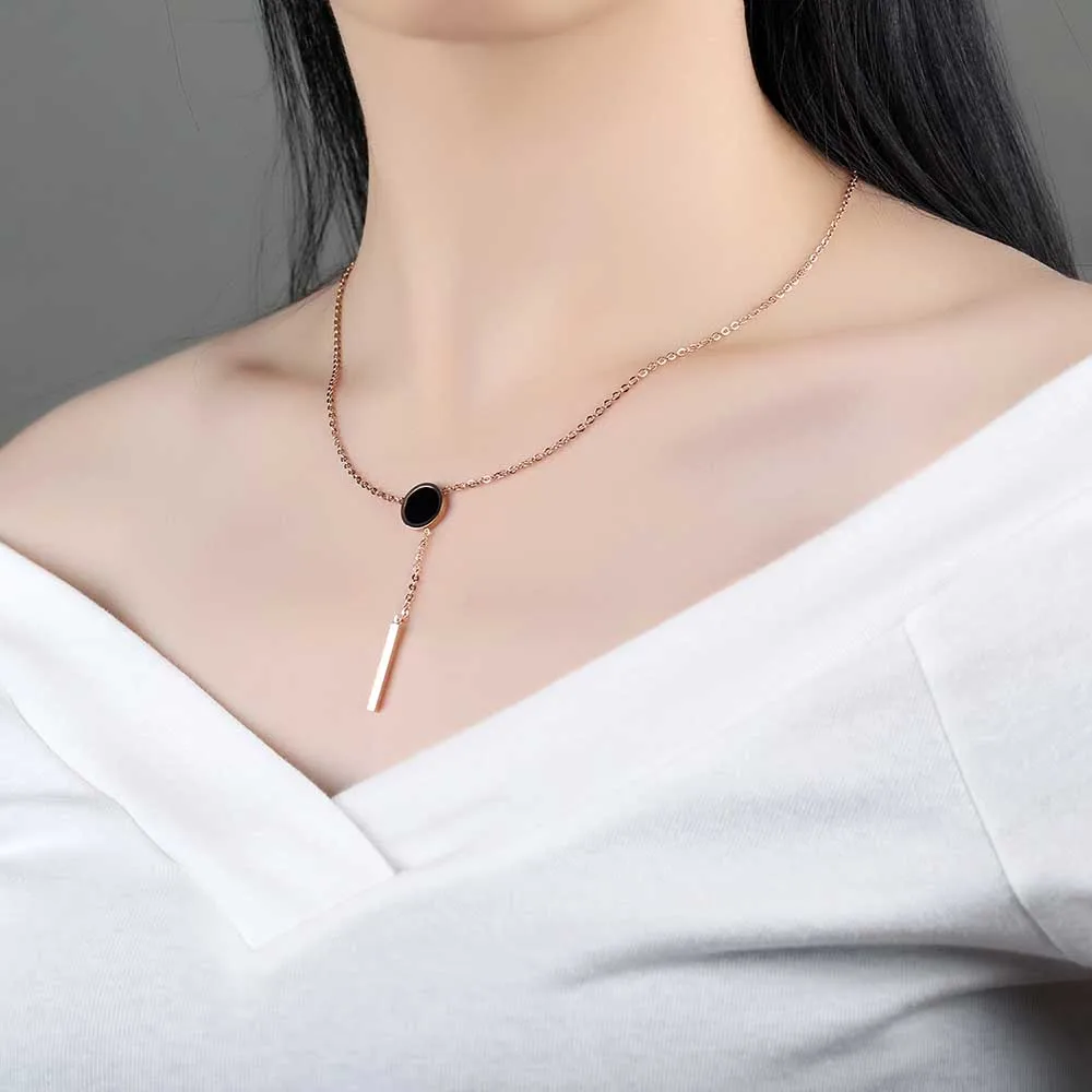 JeeMango Rose Gold Color Female Round Black Cake Necklace Titanium Steel Tassel Pendant Neckalce For Christmas Gift OGX1275