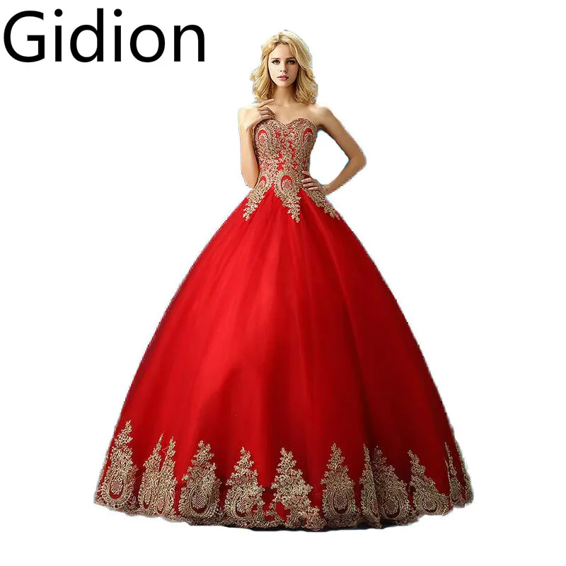 

Vestido De Novia red with gold lace appliques ball gown wedding dress strapless sweetheart neck simple gorgeous bride gowns