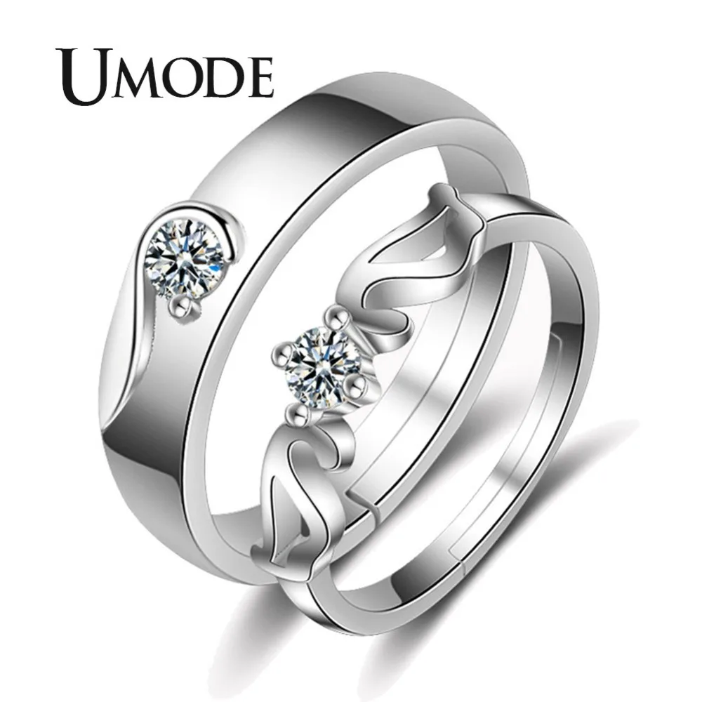 

UMODE New CZ Crystal Open Cuff Ring Set for Women Clear Cubic Zircon Jewelry White Gold Color Party Wedding Ring Bands AUR0446