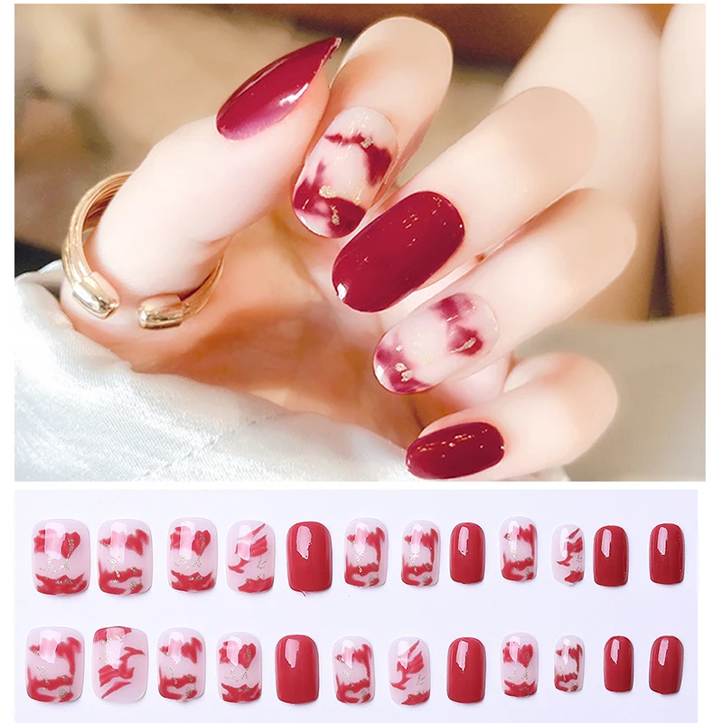 

19 Colors Easy Wear/Remove Fake Nail Tips for Long False Nails Wine Black Nail Art Forms Manicure Reused Fake Extension Tips