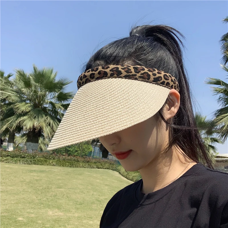 

New Woman's Sun Hats Female Leopard Straw Visor Caps Hand Made Straw Summer Sun Cap Casual Shade Hat Empty Top Hat Beach